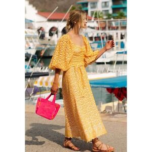 Sundress Lia Orange Eyelet Maxi Dress Bohemian Sweetheart Puff‎ Sleeve Sz L/XL